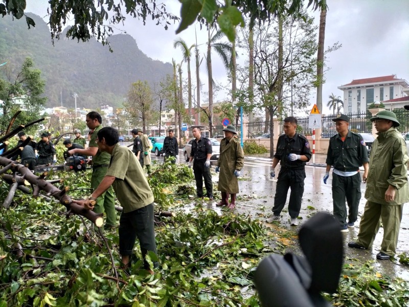 Công an phường Hồng Gai phối hợp với các lực lượng tham gia khắc phục hậu quả bão số 3 (YAGI)