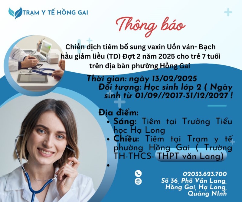 Thông báo Chiến dịch tiêm bổ sung vắc xin Uốn ván - Bạch hầu giảm liều đợt 2  cho trẻ 7 tuổi trên địa bàn phường Hồng Gai